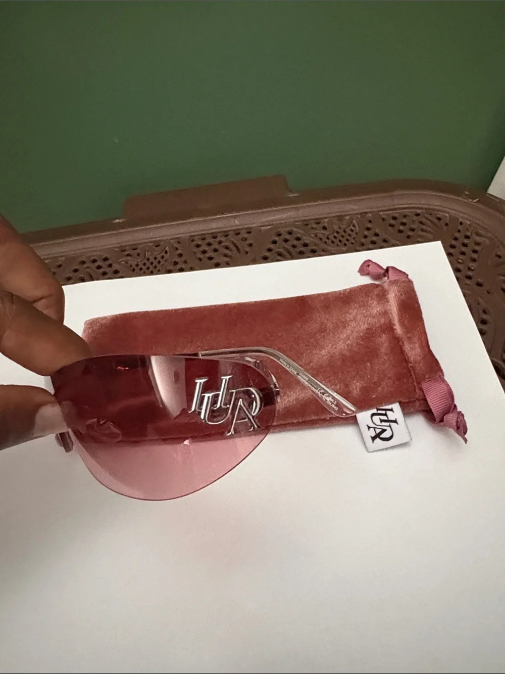 HUDA BEAUTY Pink Rimless Shield Sunglasses with Velvet Pouch